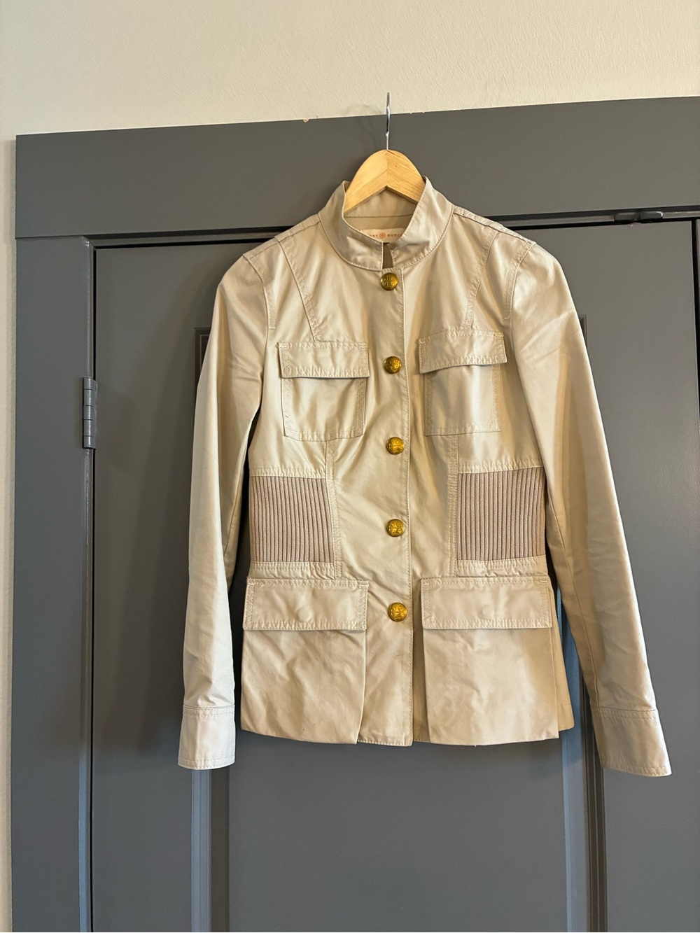 Tory Burch Light Beige Utility Jacket with Gold Buttons